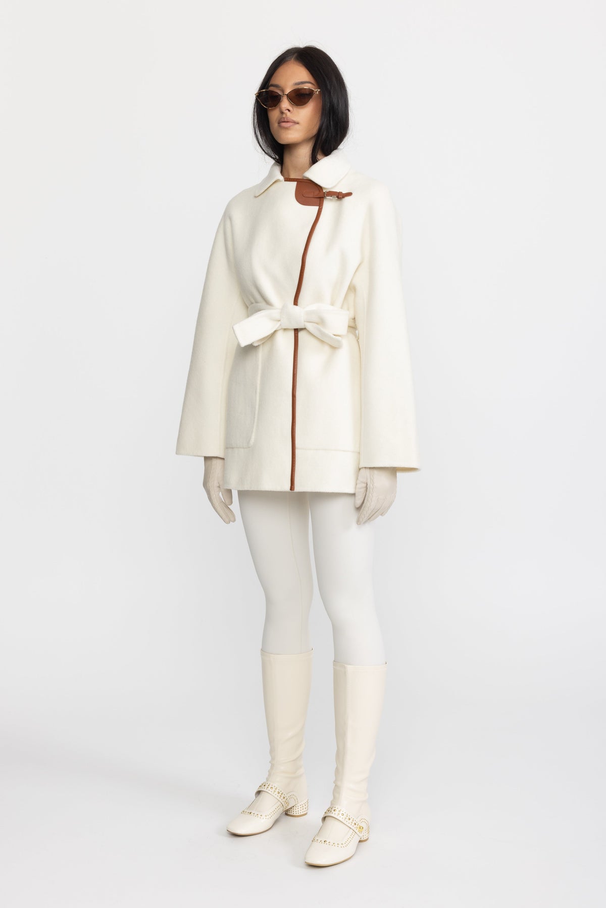 Faux Leather Trim Belted Wool Jacket - Off-White