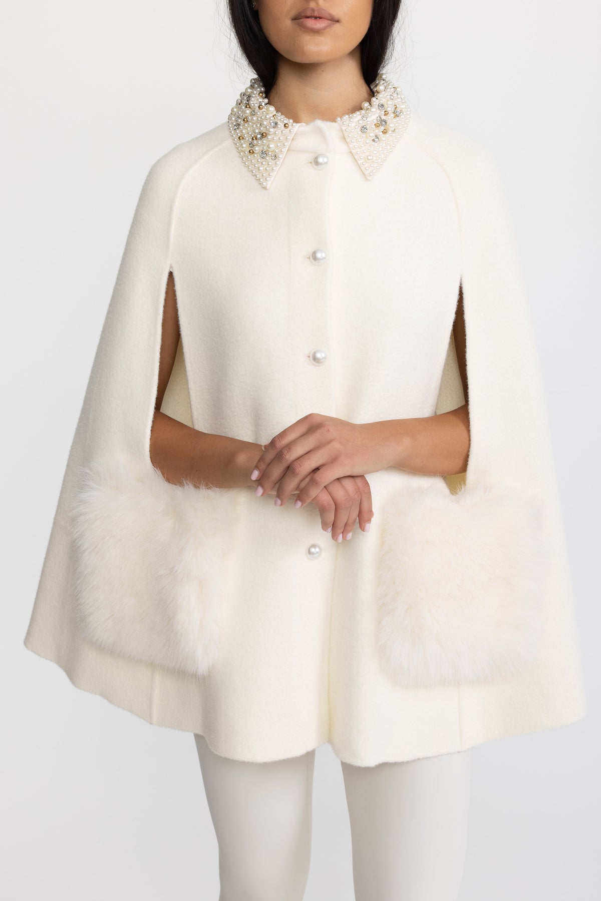 Pearl Embellished Collar Cape with Faux Fur Pockets - Ivoire