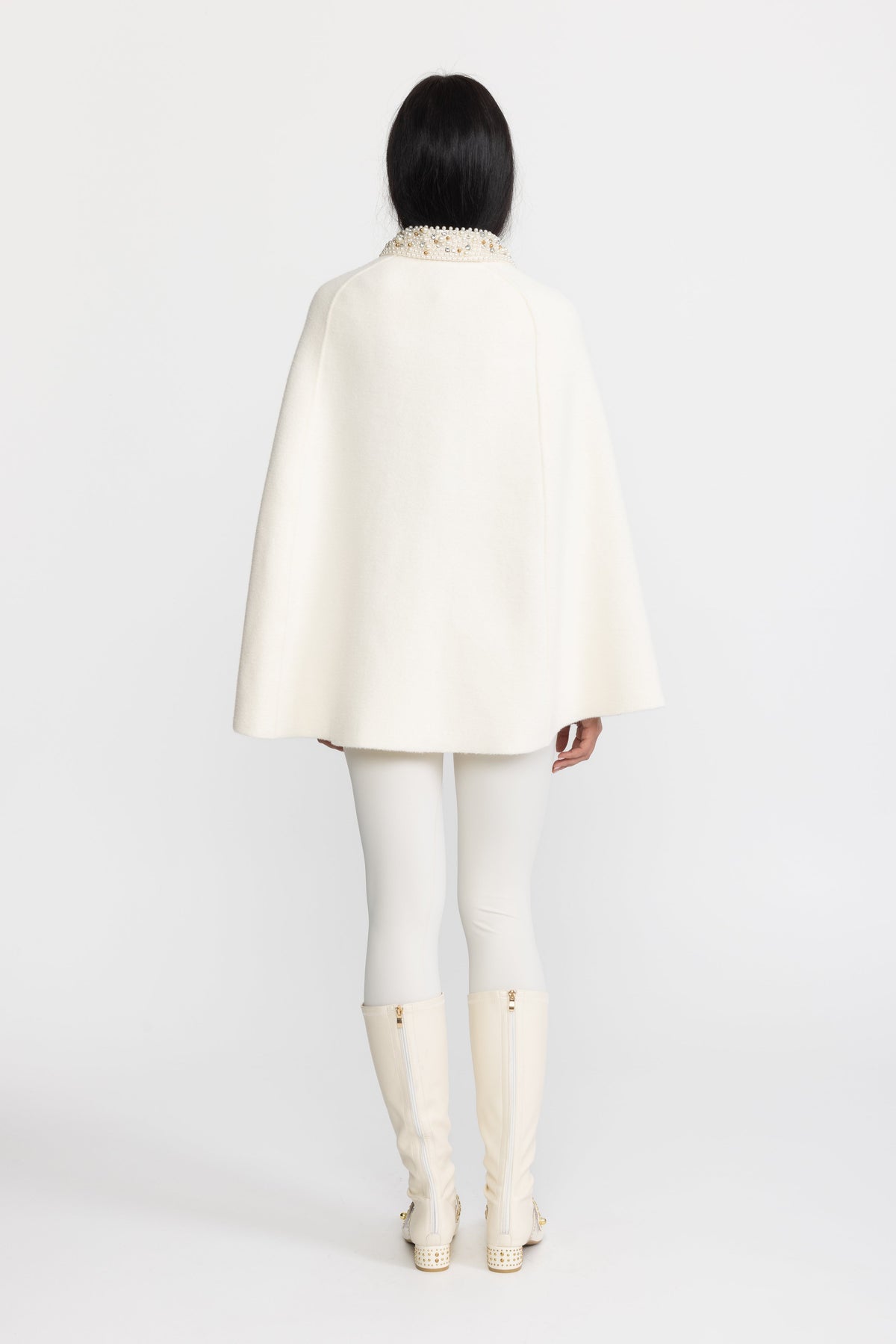 Pearl Embellished Collar Cape with Faux Fur Pockets - Ivoire