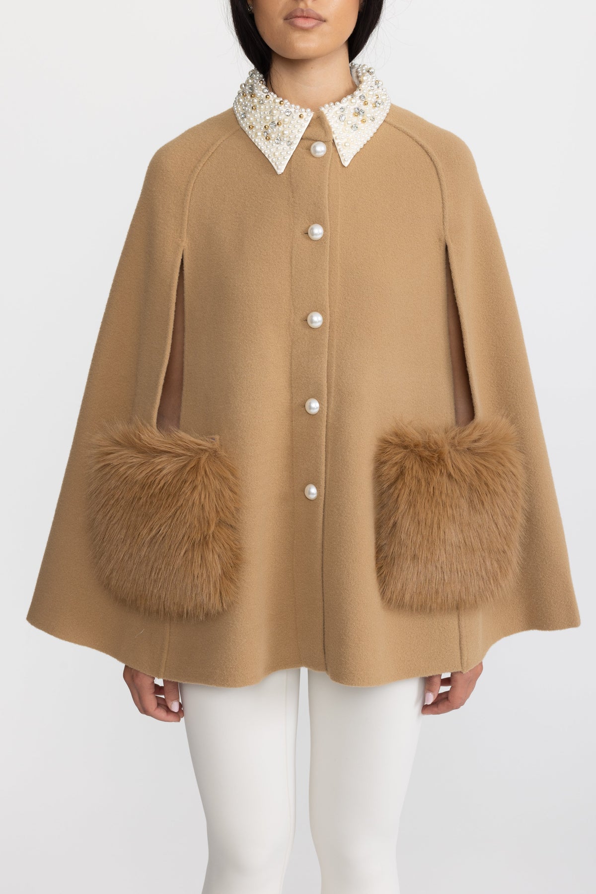 Pearl Embellished Collar Cape with Faux Fur Pockets - Camel
