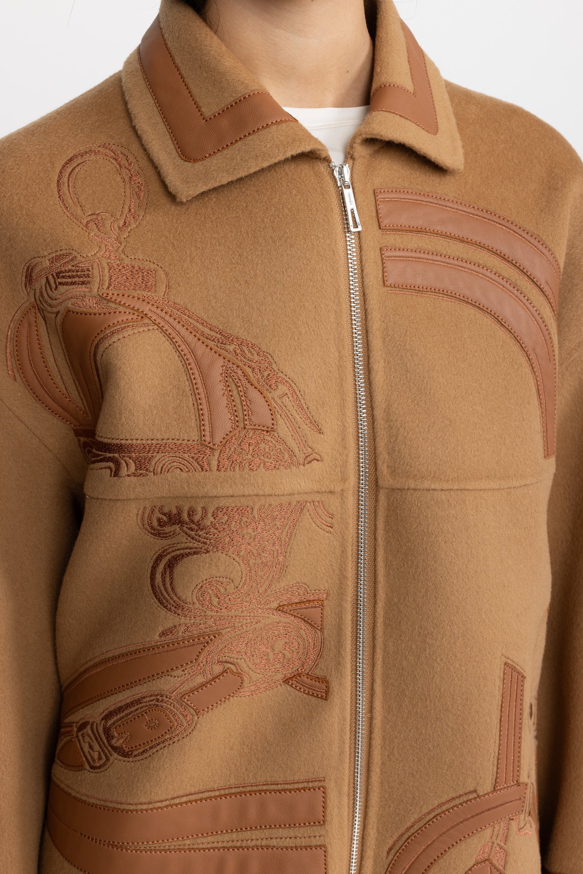Equestrian Applique Embroidered Wool Zip Coat - Camel