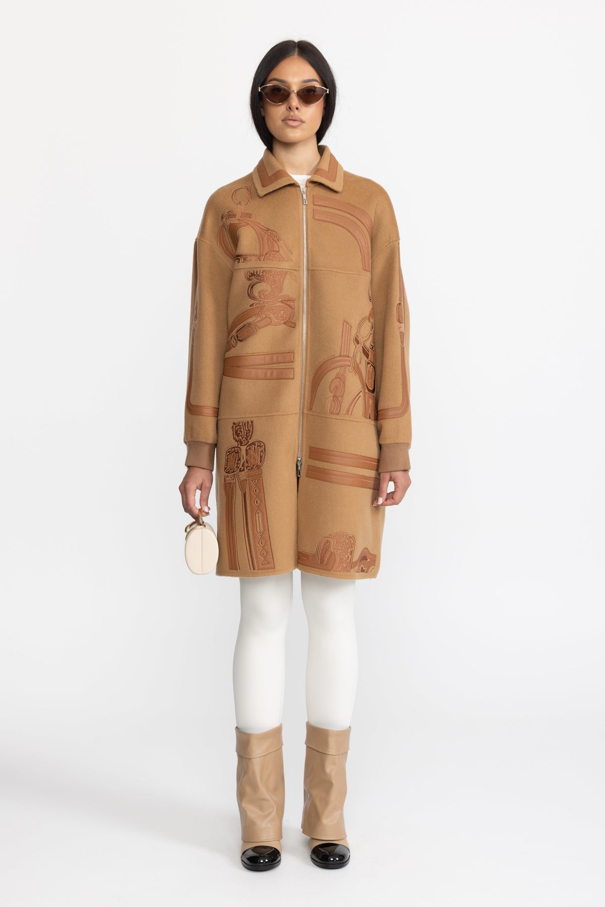 Equestrian Applique Embroidered Wool Zip Coat - Camel