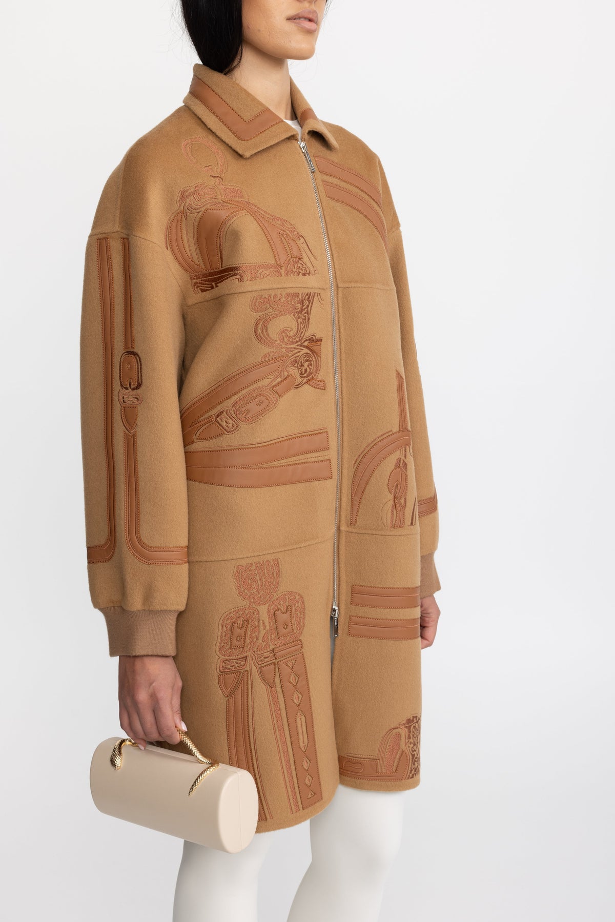 Equestrian Applique Embroidered Wool Zip Coat - Camel
