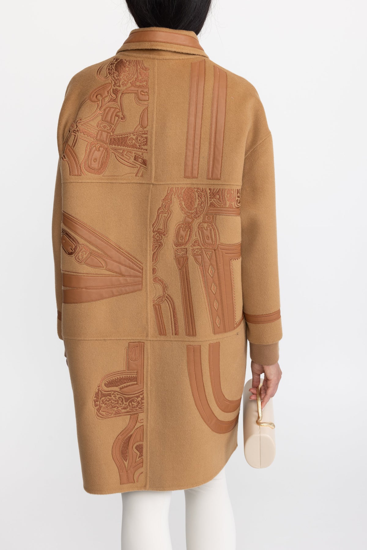 Equestrian Applique Embroidered Wool Zip Coat - Camel