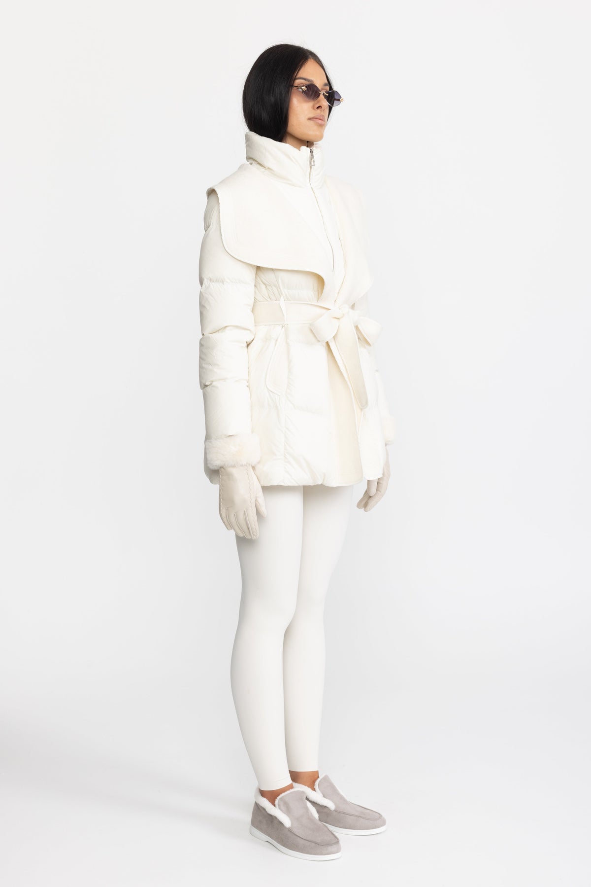 Draped Collar Belted Down Jacket with Plush Cuffs - Ivoire