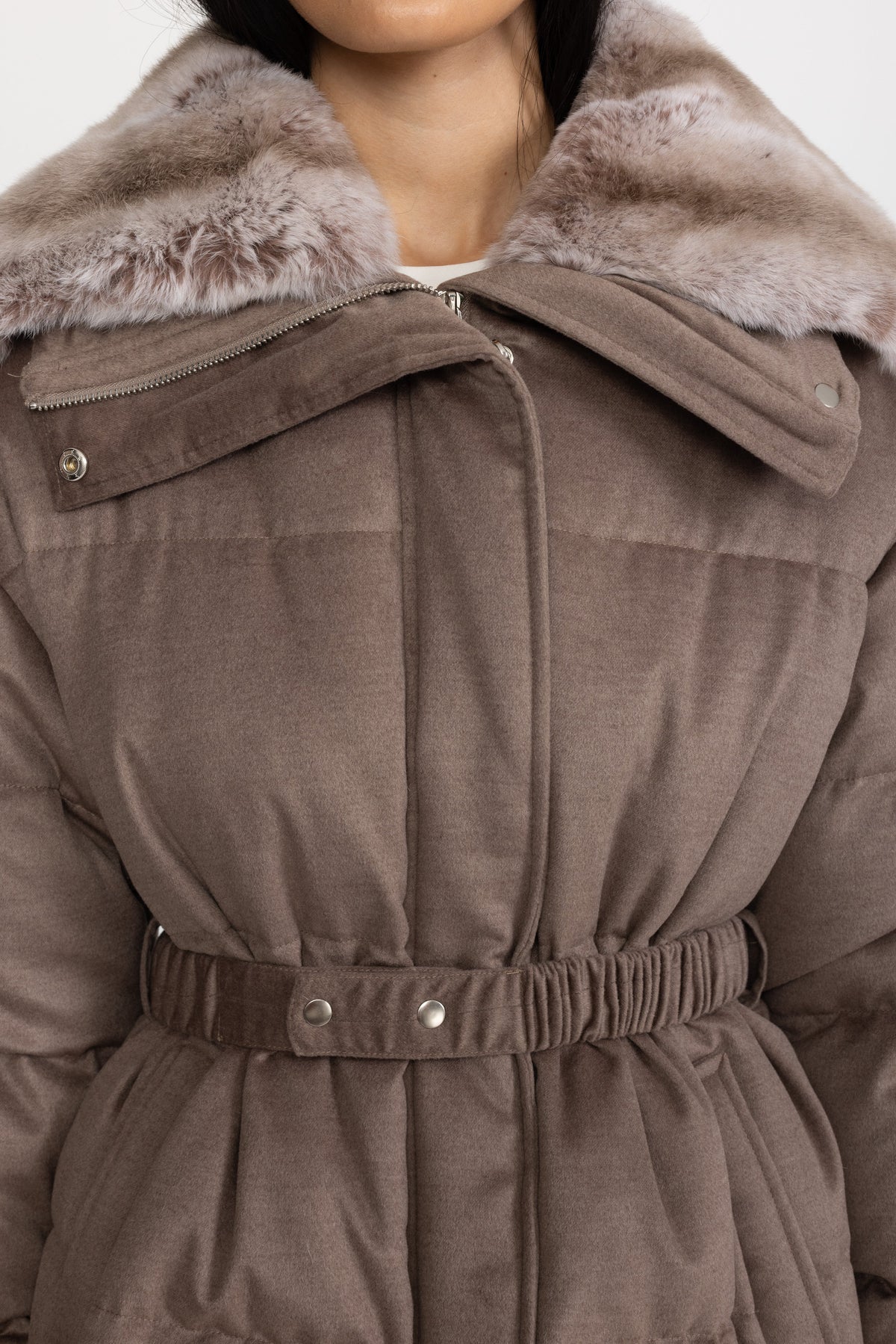 Rex Rabbit Fur Collar Cotton-Silk Down Jacket - Taupe
