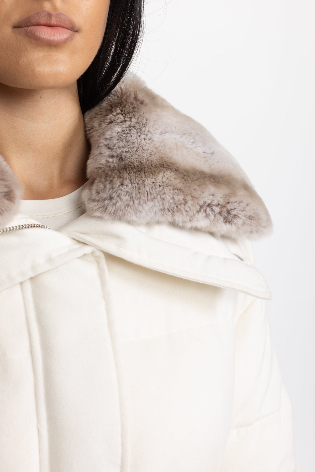Rex Rabbit Fur Collar Cotton-Silk Down Jacket - Ivoire