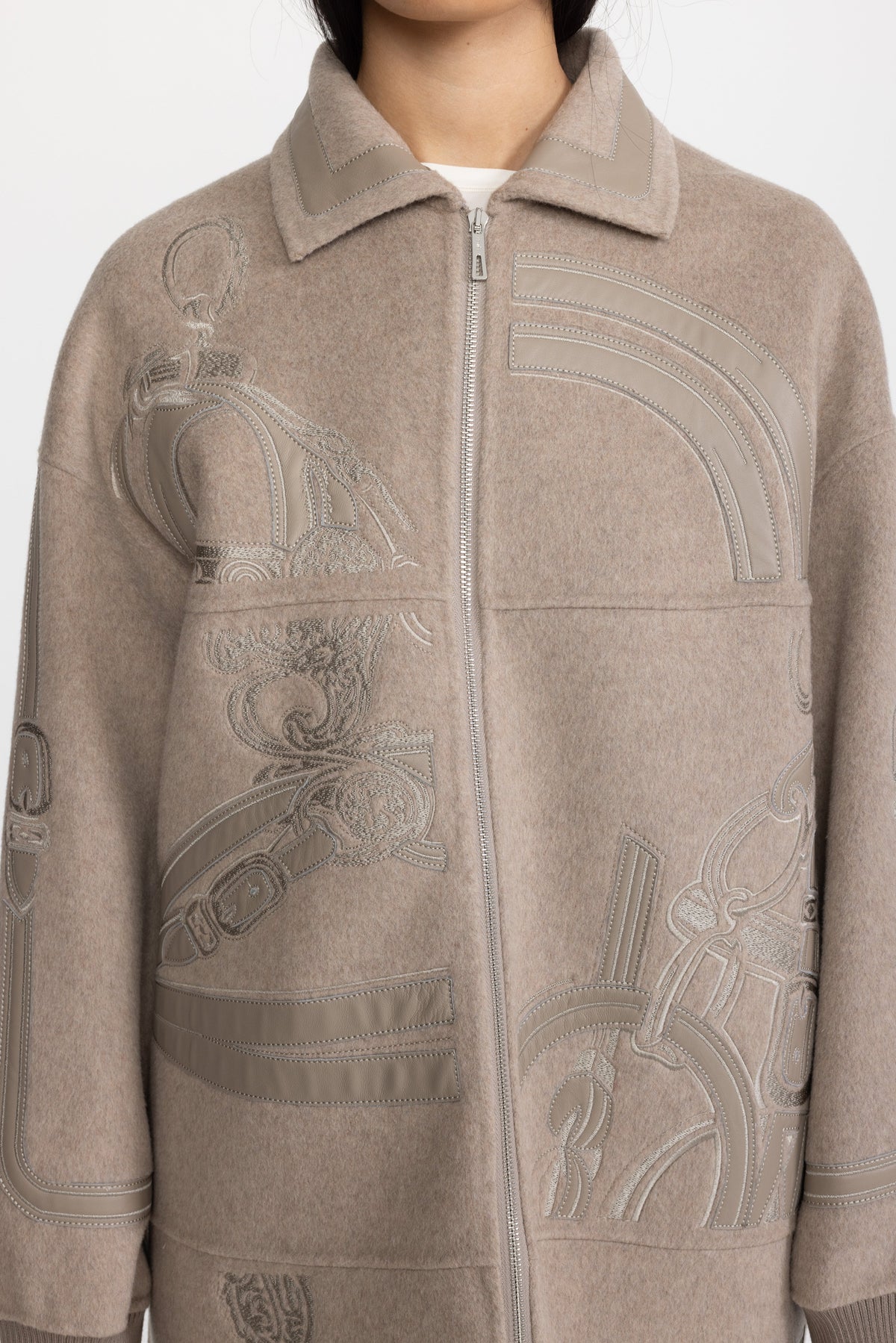 Equestrian Applique Embroidered Wool Zip Coat - Taupe