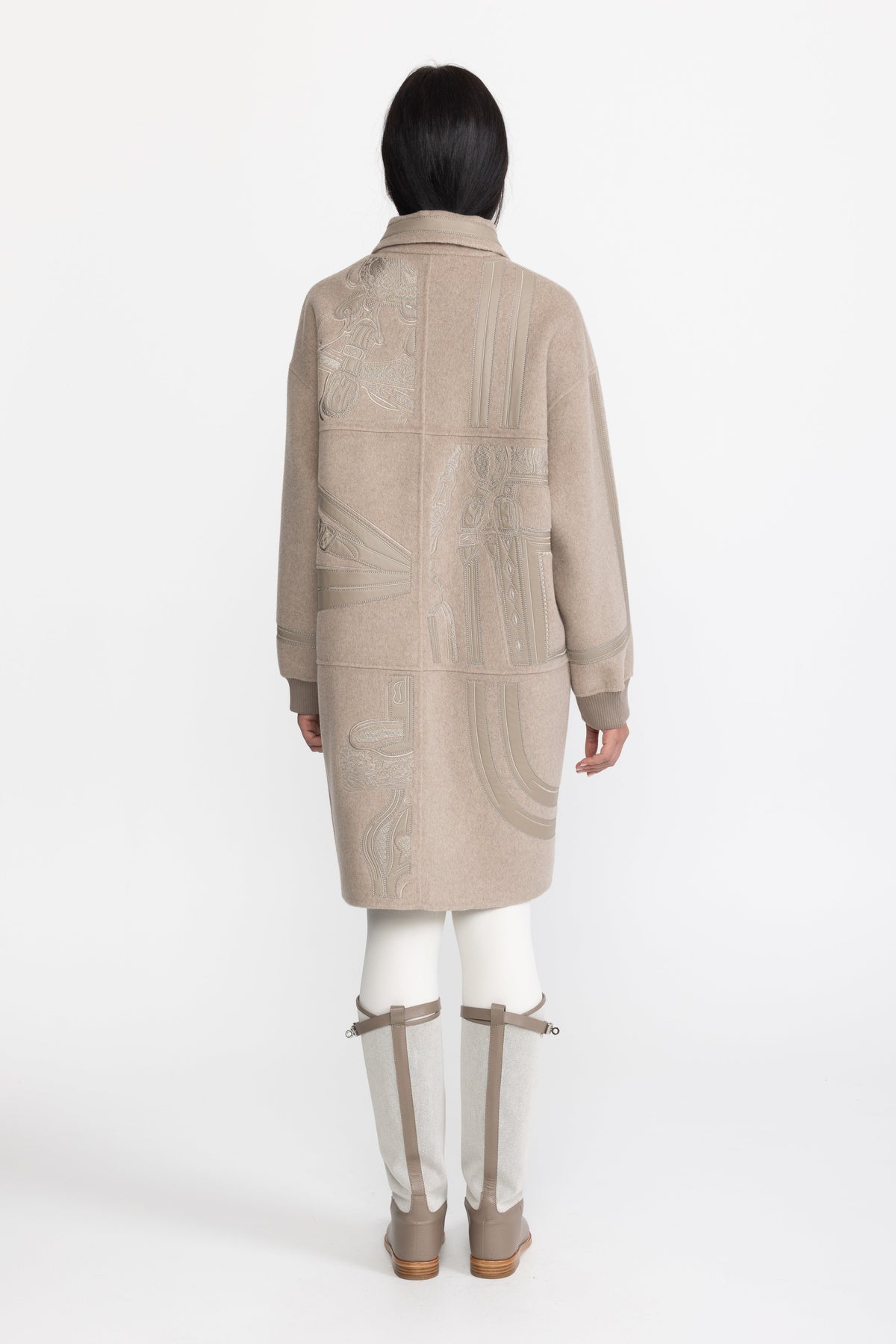 Equestrian Applique Embroidered Wool Zip Coat - Taupe