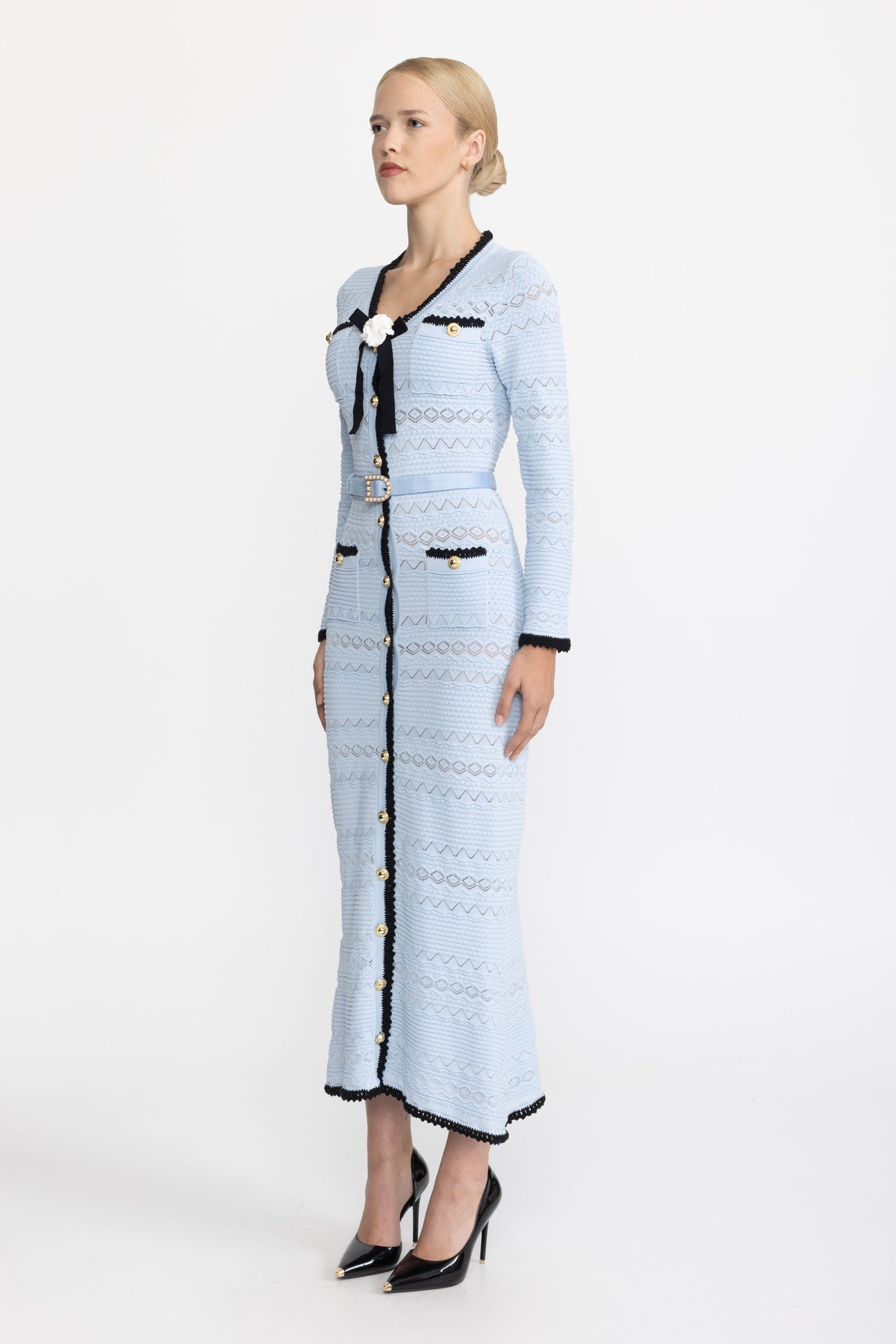 Crochet Trim Knit Button Midi Dress with Flower Brooch - Light Blue