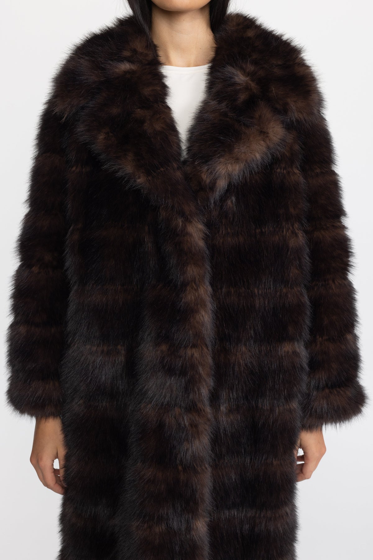 Fur-Effect Panelled Longline Coat - Chocolate