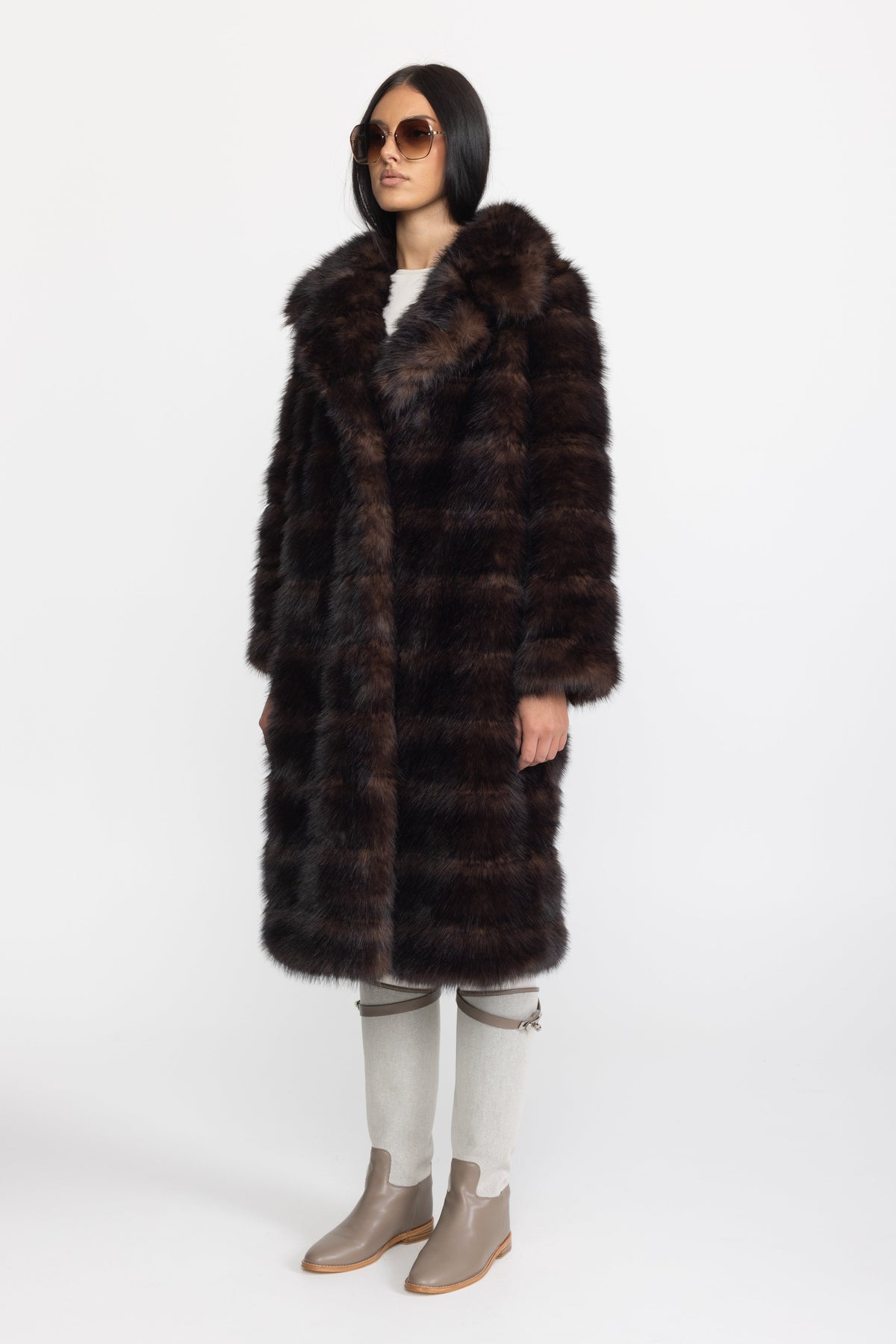 Fur-Effect Panelled Longline Coat - Chocolate