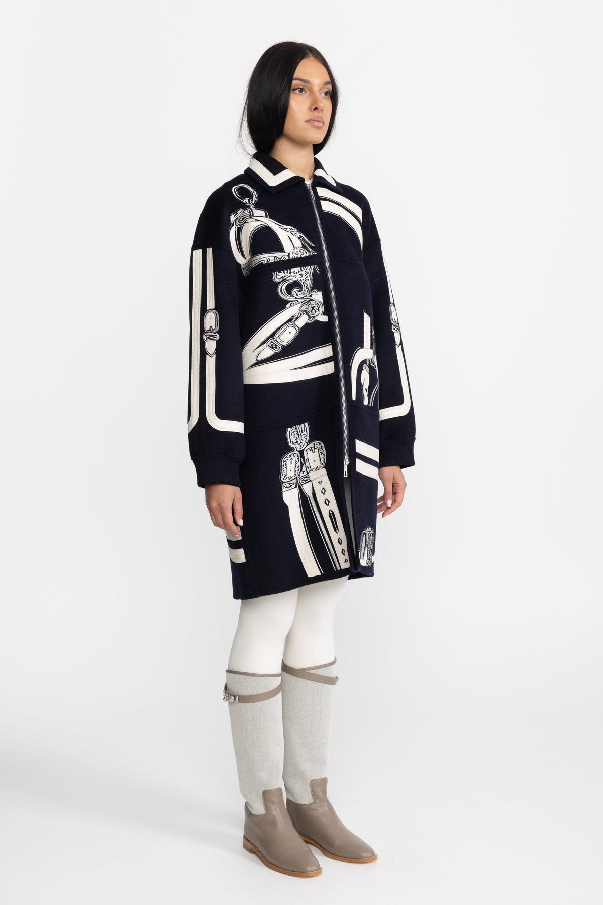 Equestrian Applique Embroidered Wool Zip Coat - Navy