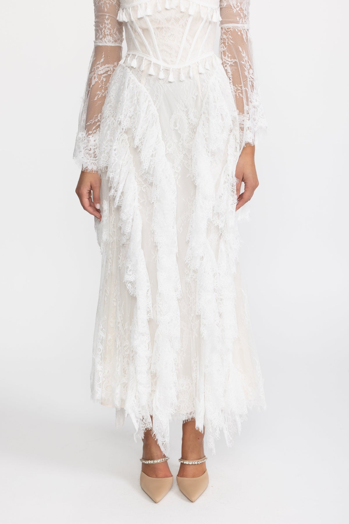 Tassel Trim Lace Corset Bell Sleeve Maxi Dress - White