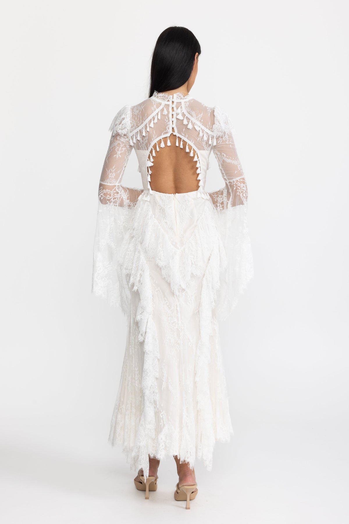 Tassel Trim Lace Corset Bell Sleeve Maxi Dress - White