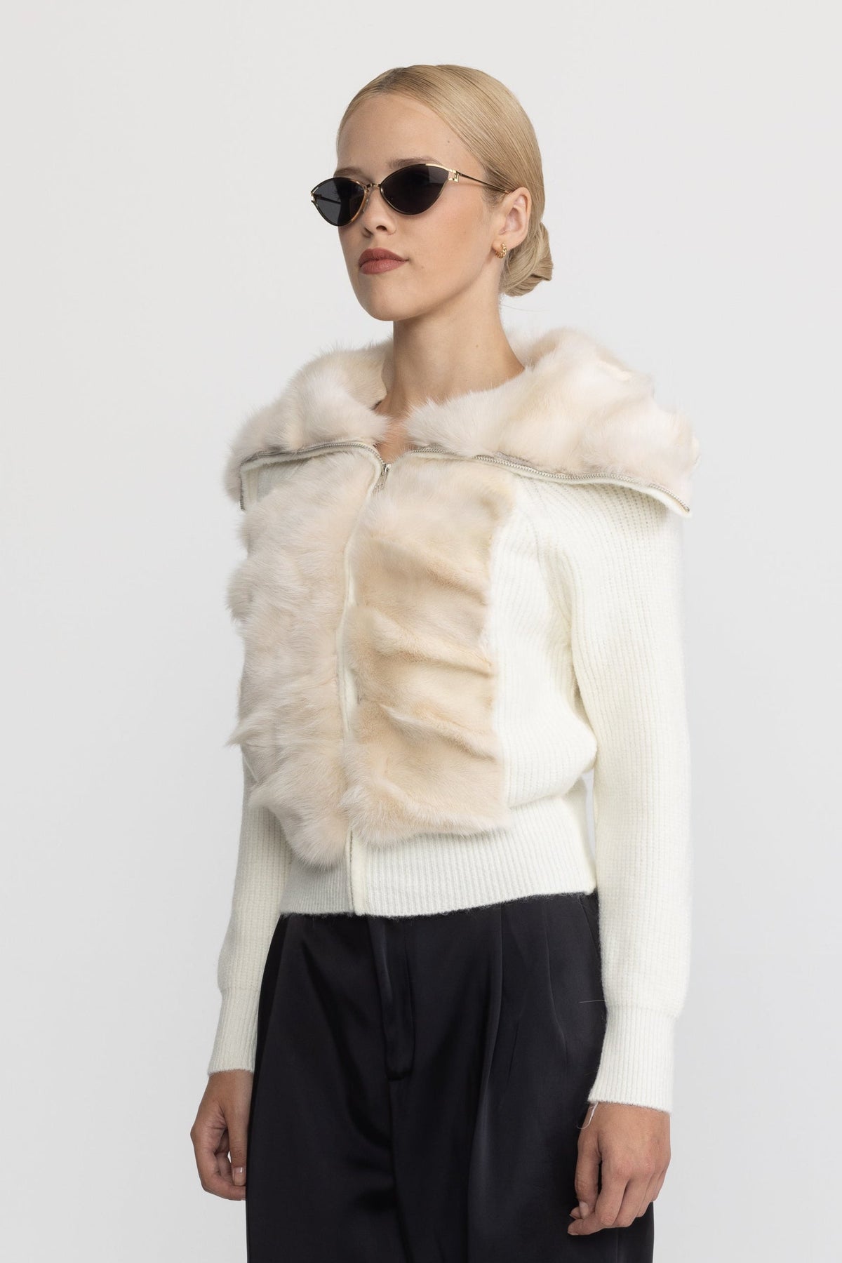 Rabbit Fur Panel Knit Zip Cardigan - Ivoire
