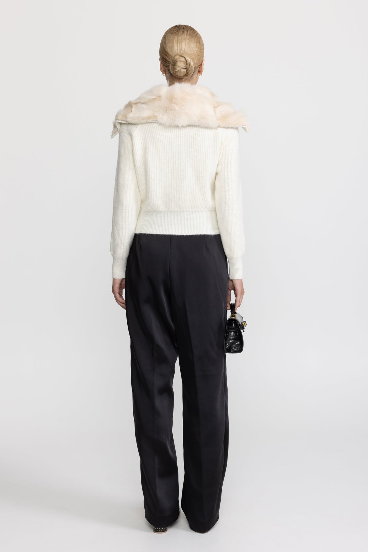 Rabbit Fur Panel Knit Zip Cardigan - Ivoire