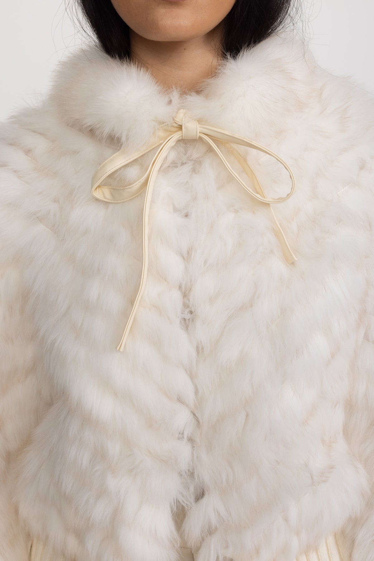 Knitted Fox Fur Bomber Jacket with Tie Neck - Ivoire