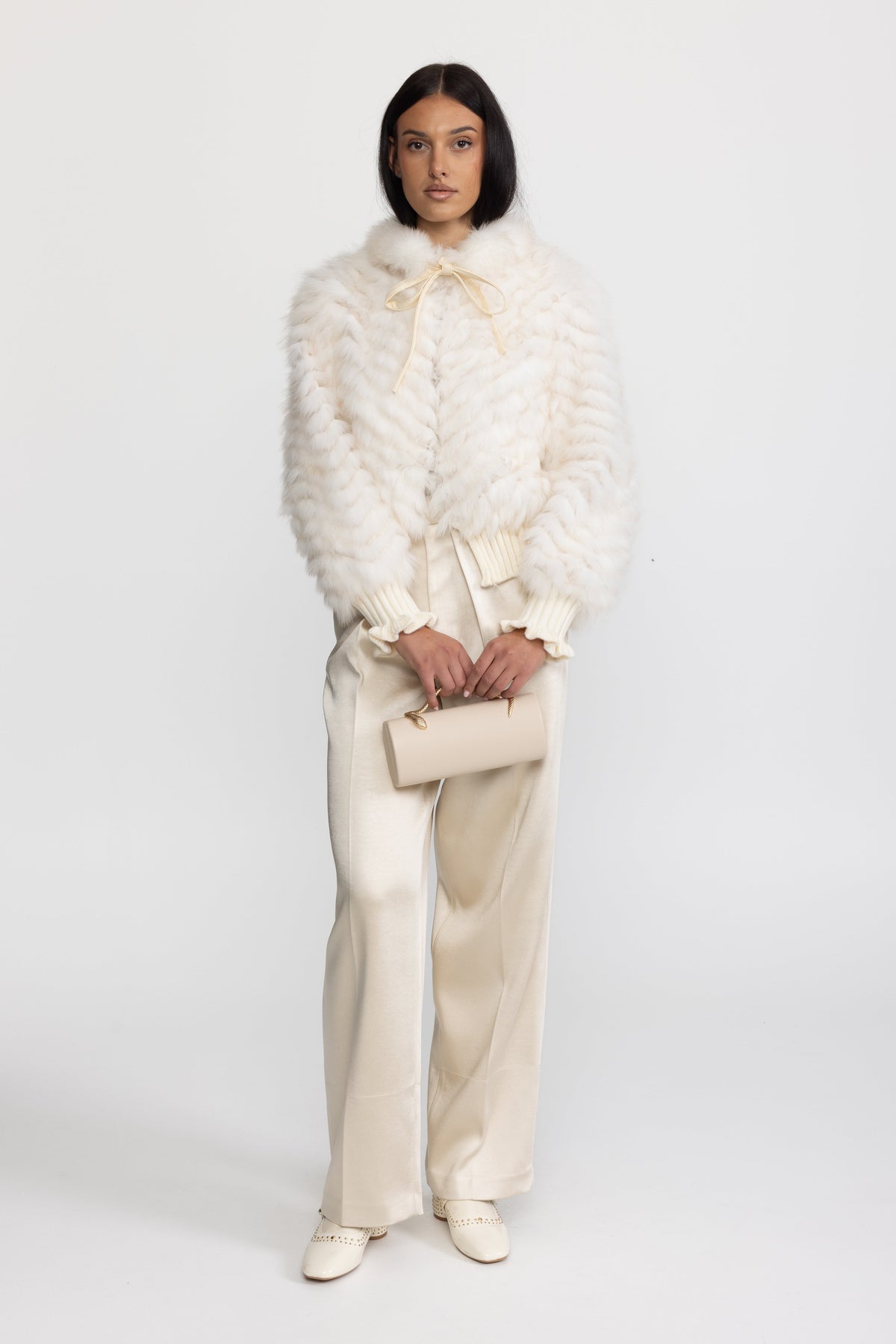Knitted Fox Fur Bomber Jacket with Tie Neck - Ivoire