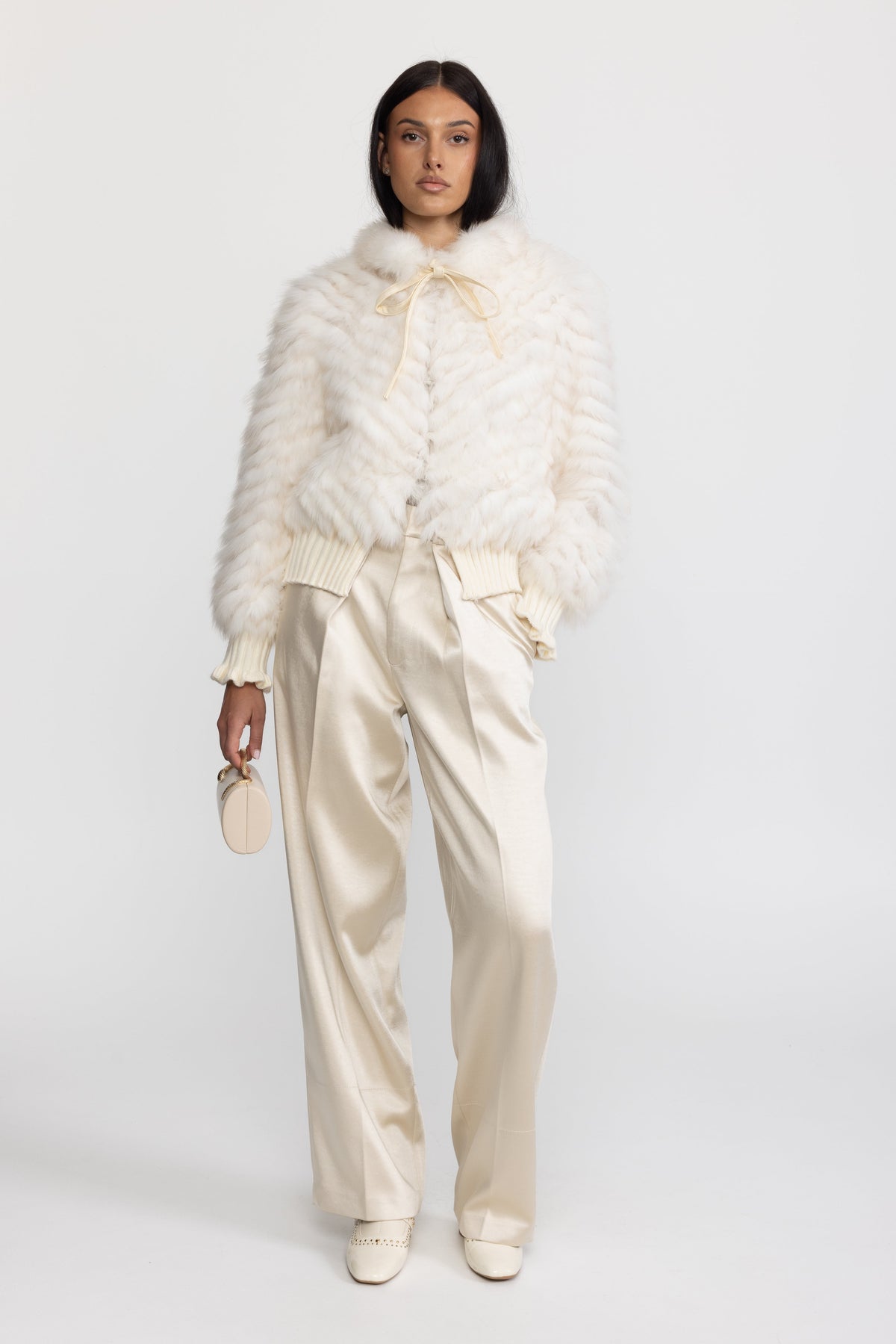 Knitted Fox Fur Bomber Jacket with Tie Neck - Ivoire
