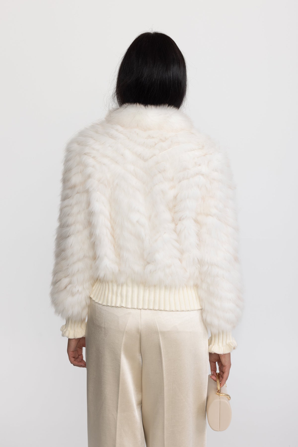 Knitted Fox Fur Bomber Jacket with Tie Neck - Ivoire