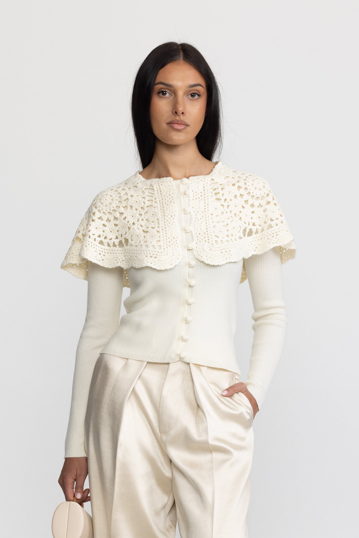 Crochet Capelet Collar Rib Knit Cardigan - Ivoire
