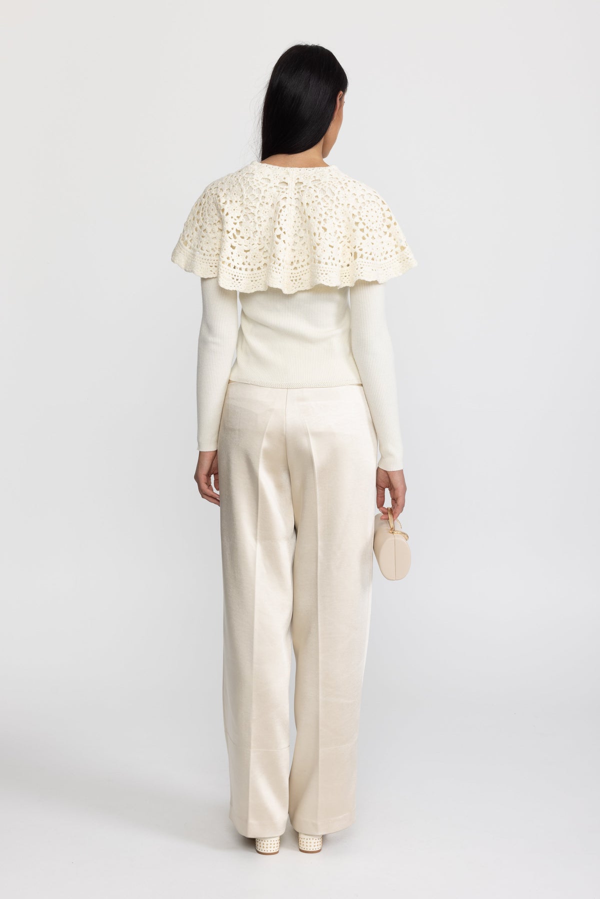Crochet Capelet Collar Rib Knit Cardigan - Ivoire