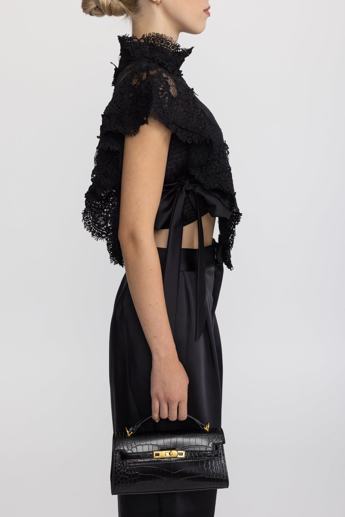 Sheer Lace Ruffle Mock Neck Top - Black