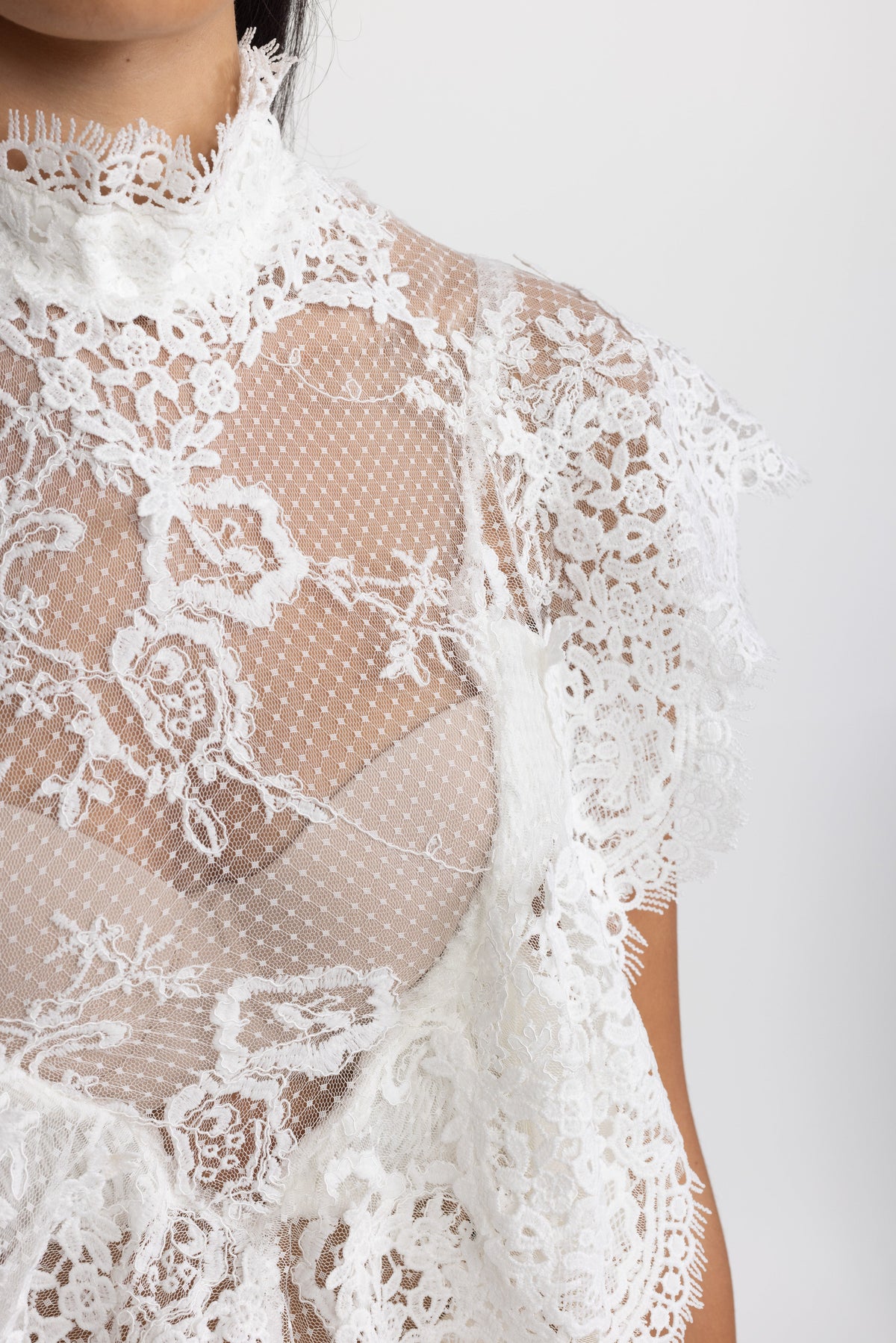 Sheer Lace Ruffle Mock Neck Top - White