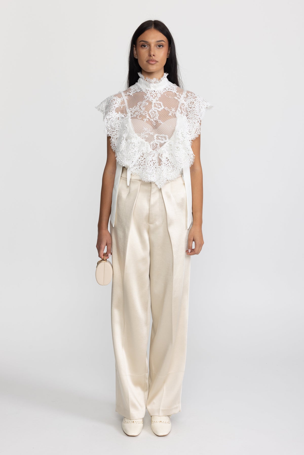 Sheer Lace Ruffle Mock Neck Top - White