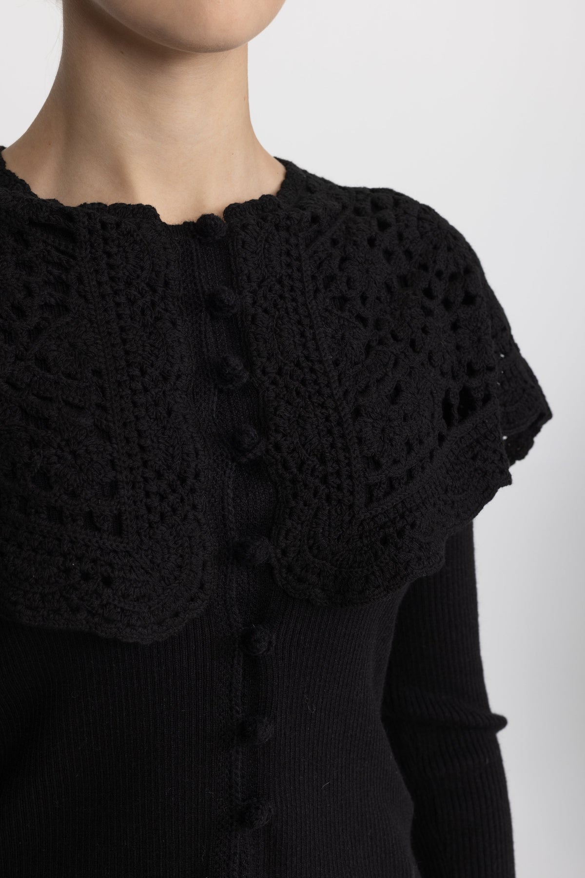 Crochet Capelet Collar Rib Knit Cardigan - Black