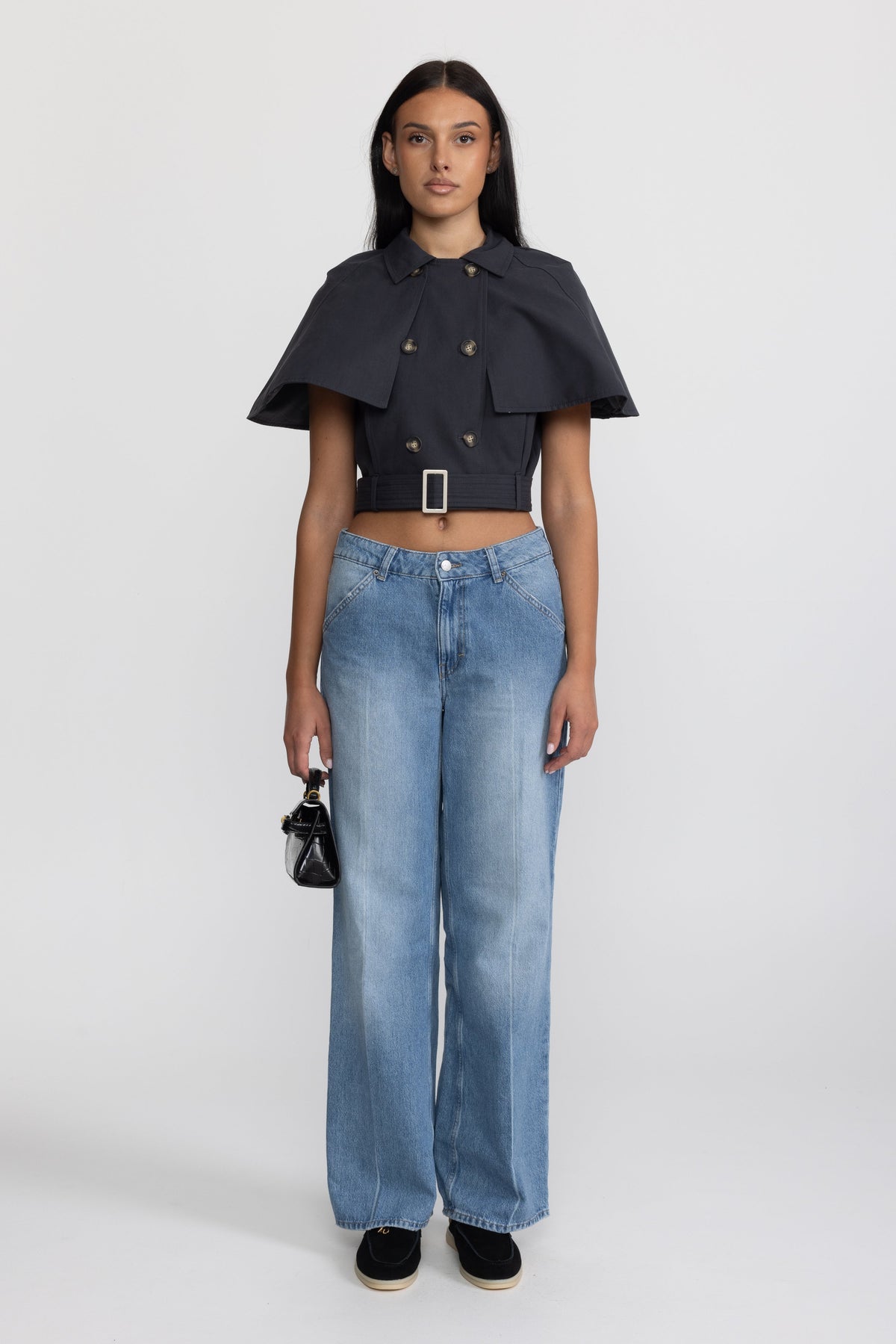 Cropped Trench Cape Top with Belt - Navy