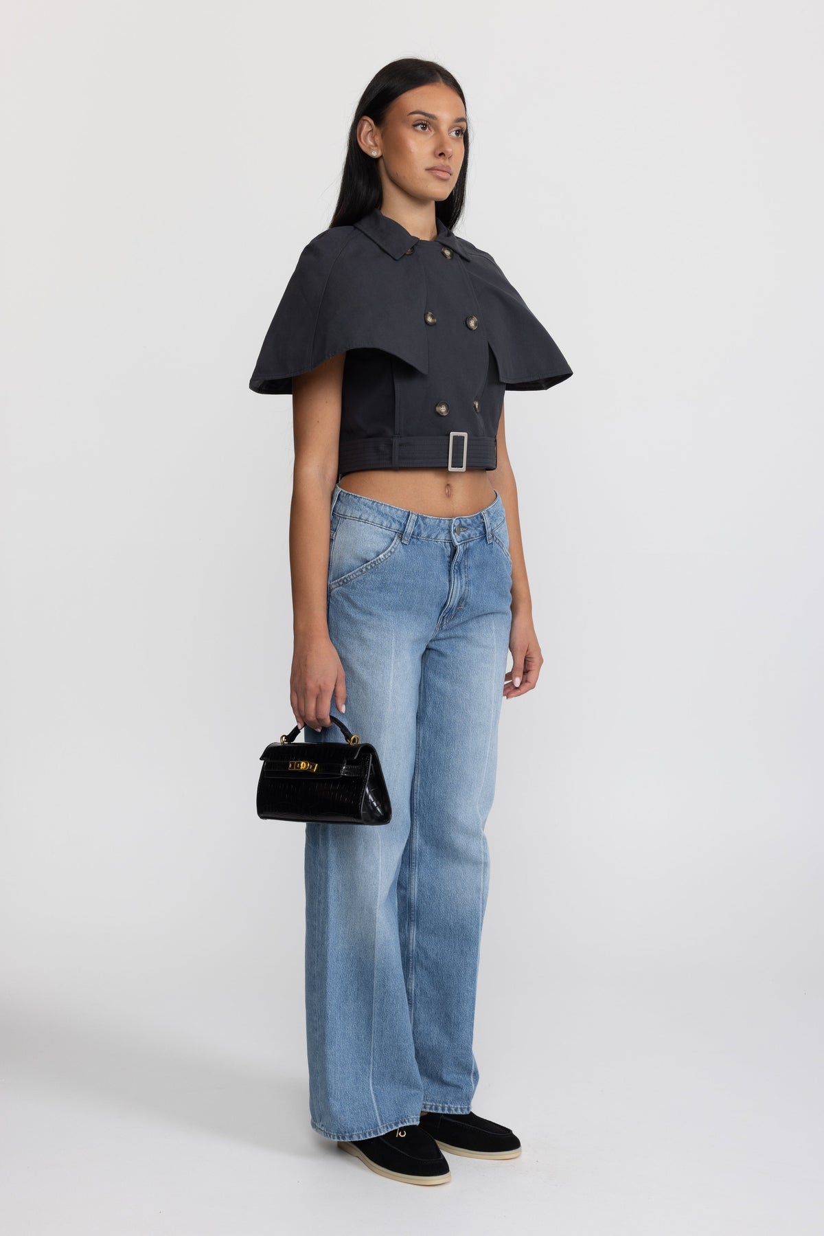 Cropped Trench Cape Top with Belt - Navy