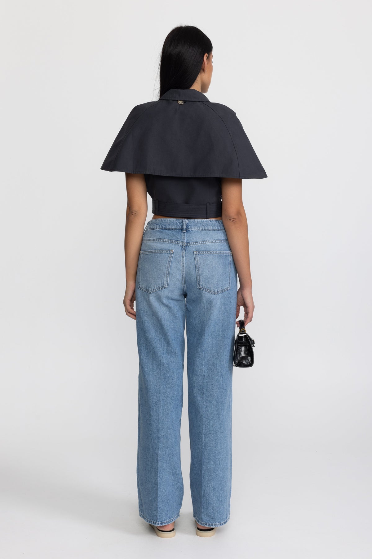 Cropped Trench Cape Top with Belt - Navy
