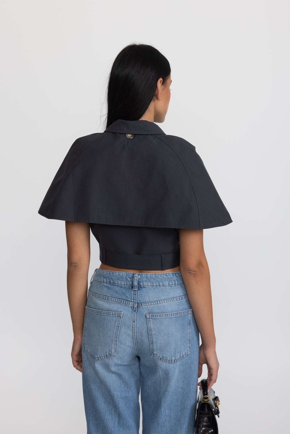 Cropped Trench Cape Top with Belt - Navy