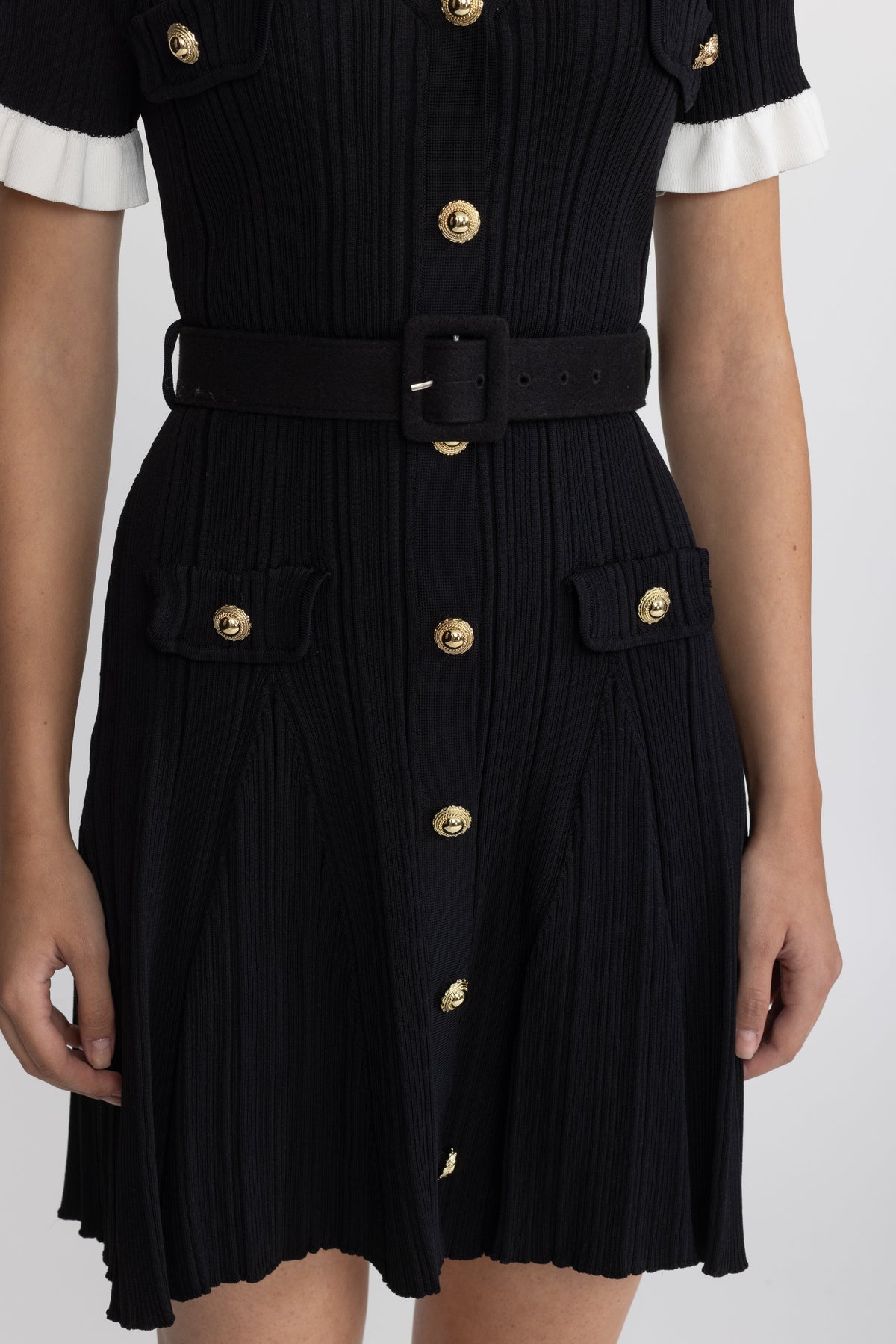 Ribbed Knit Contrast Collar Belted Mini Dress - Black