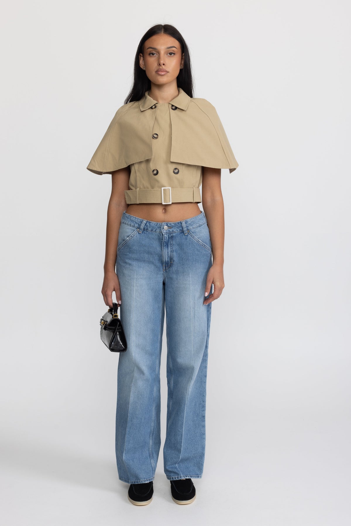 Cropped Trench Cape Top with Belt - Khaki