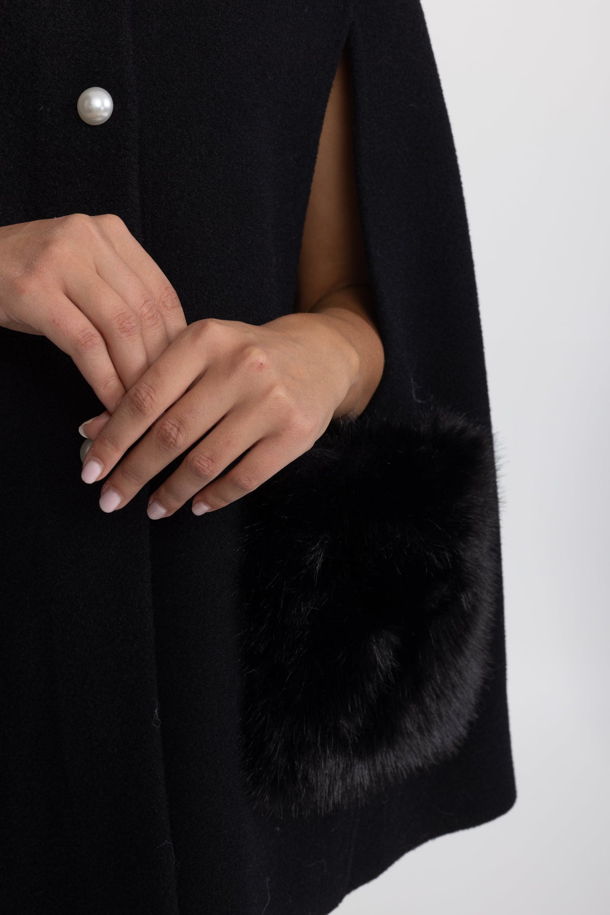 Pearl Embellished Collar Cape with Faux Fur Pockets - Black