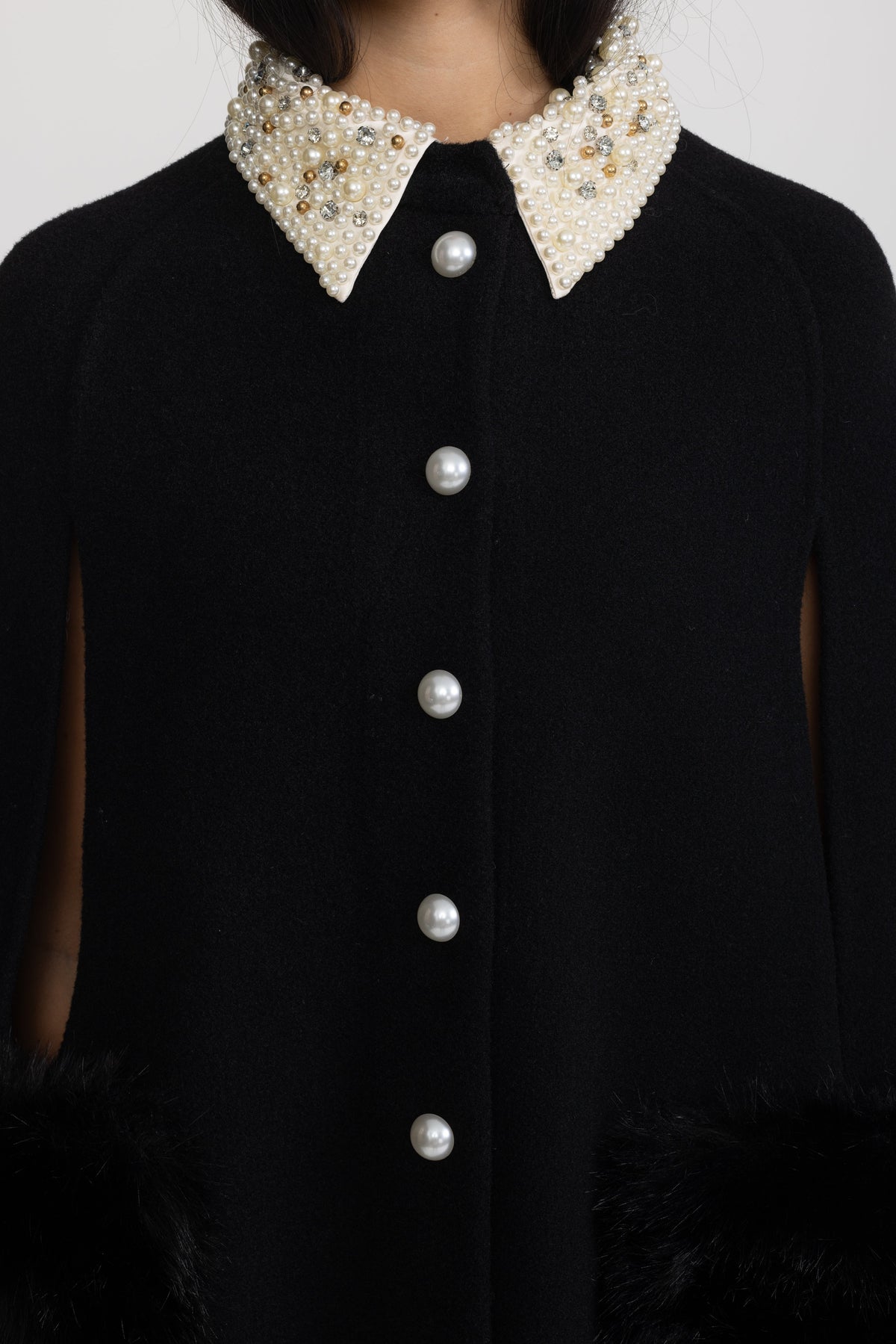 Pearl Embellished Collar Cape with Faux Fur Pockets - Black