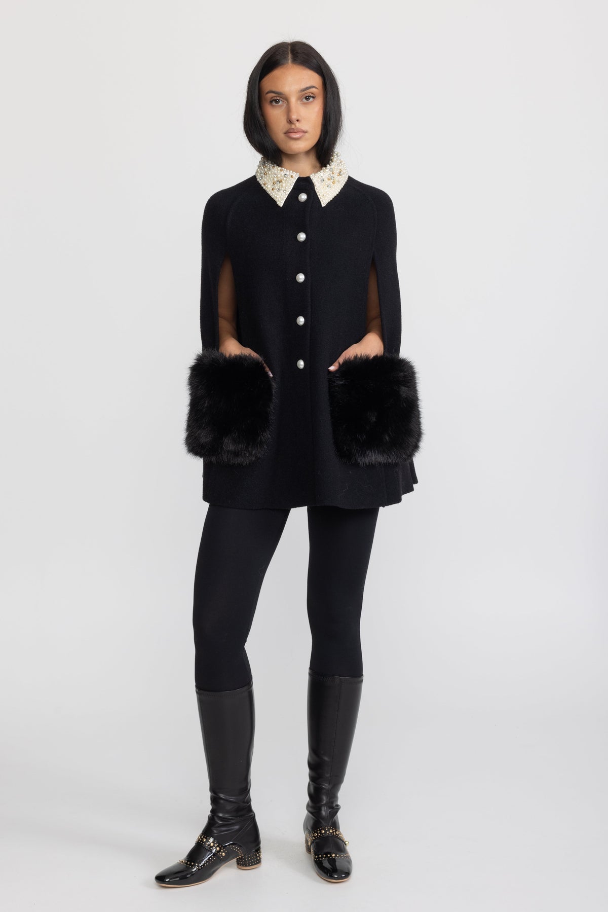 Pearl Embellished Collar Cape with Faux Fur Pockets - Black