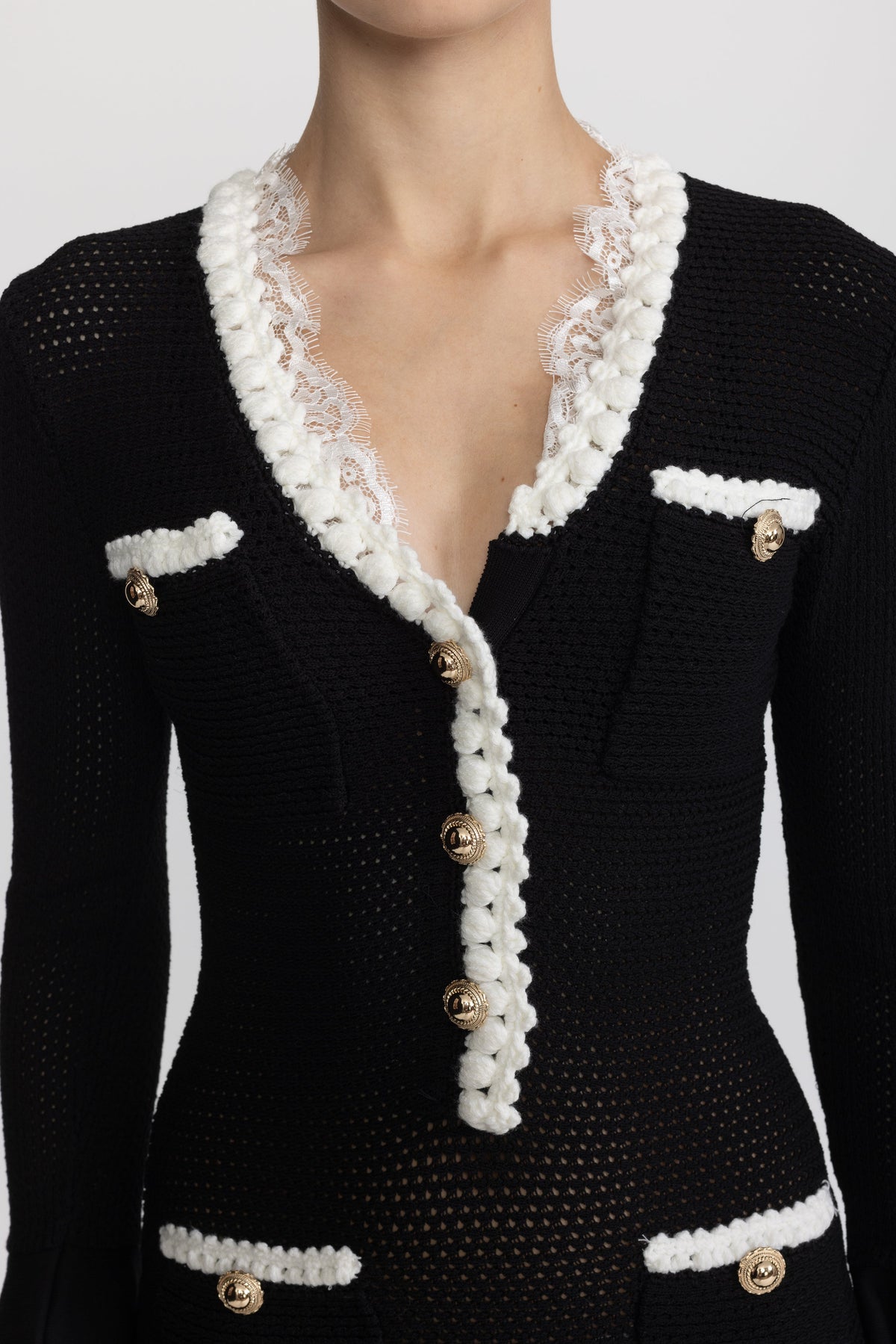 Sylvaine Black Lace Trim Crochet Knit Mini Dress with Gold Buttons