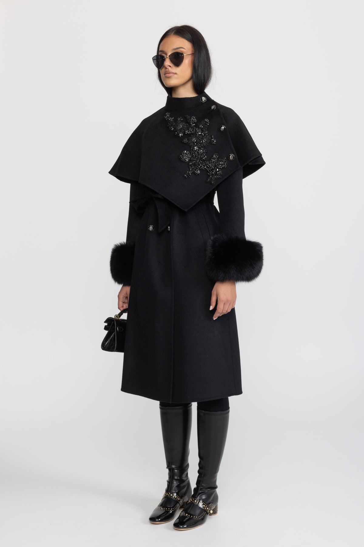 Embellished Capelet Wool Coat with Fox Fur Cuffs - Black