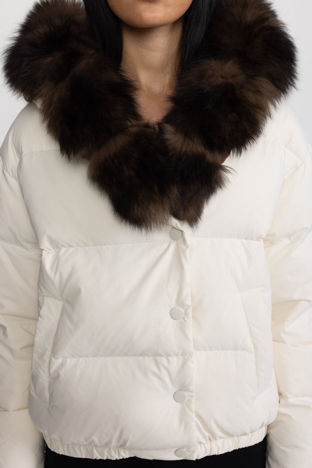 Fox Fur Hood Cropped Down Puffer Jacket - Ivoire