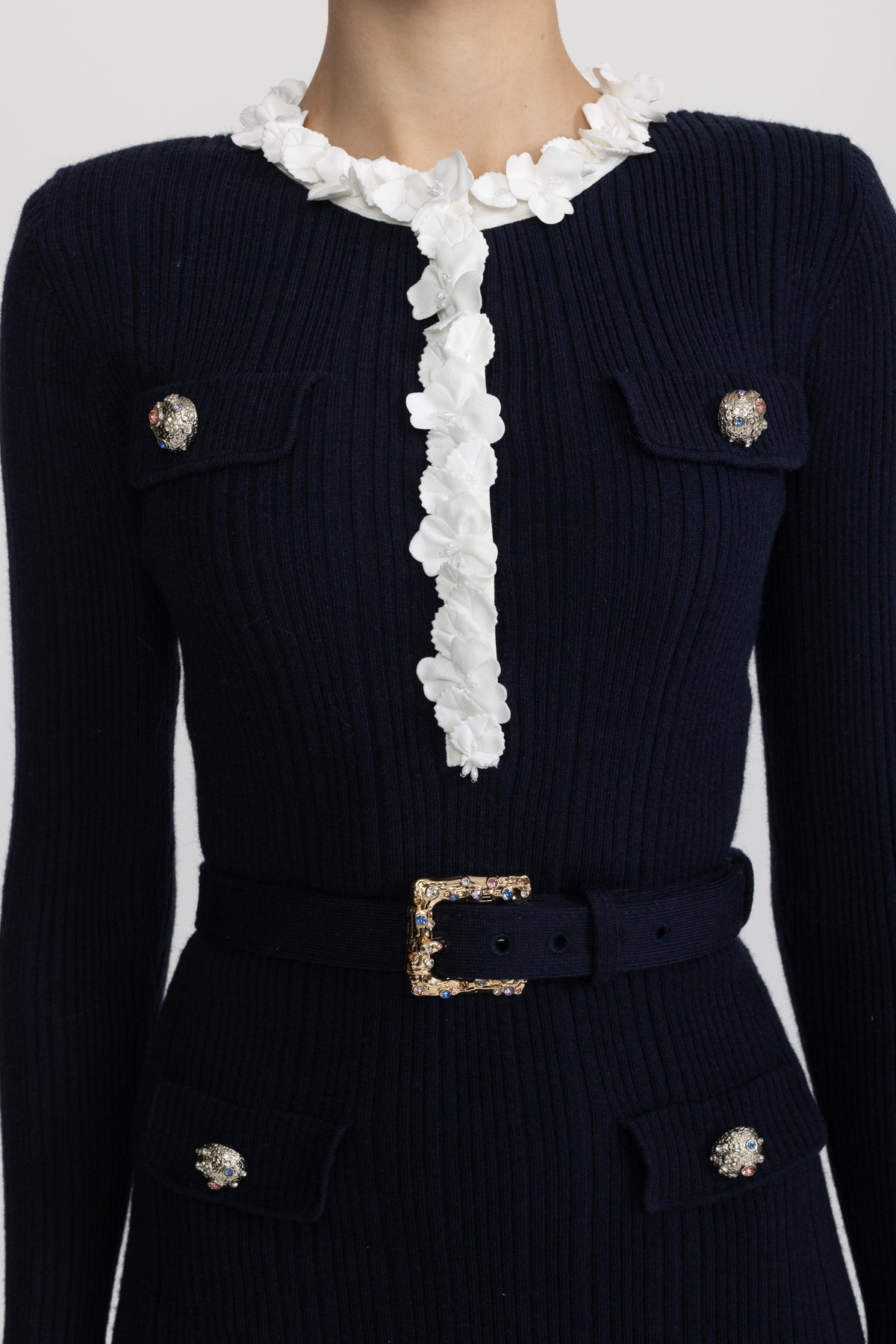 Pernelle Navy Floral Ruffle Rib Knit Belted Mini Dress