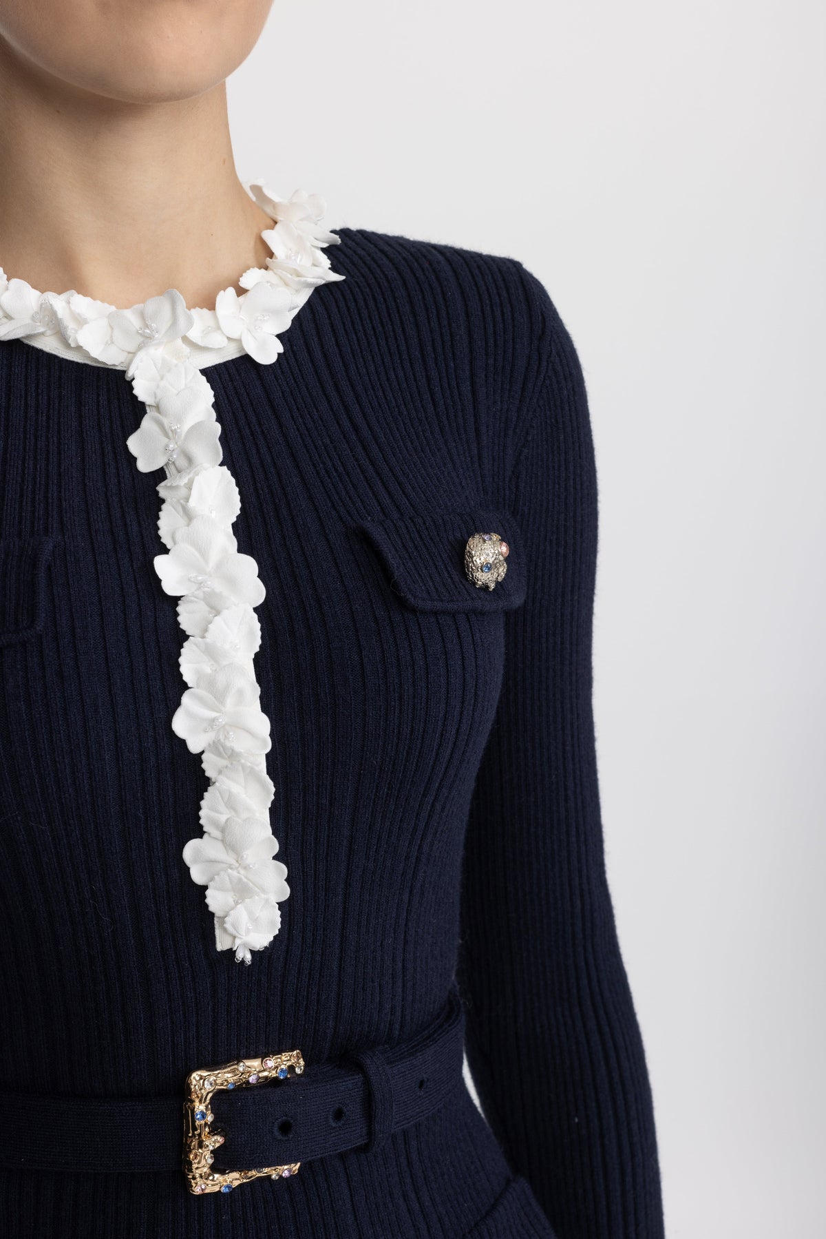 Pernelle Navy Floral Ruffle Rib Knit Belted Mini Dress