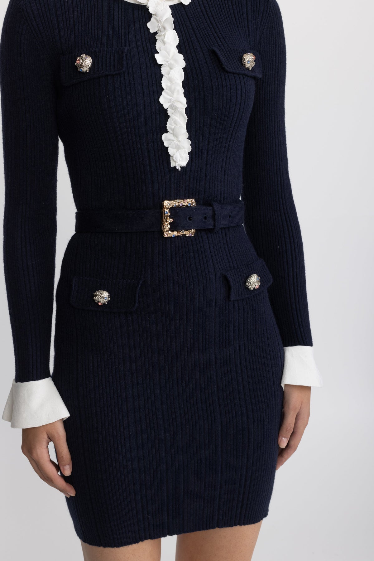 Pernelle Navy Floral Ruffle Rib Knit Belted Mini Dress