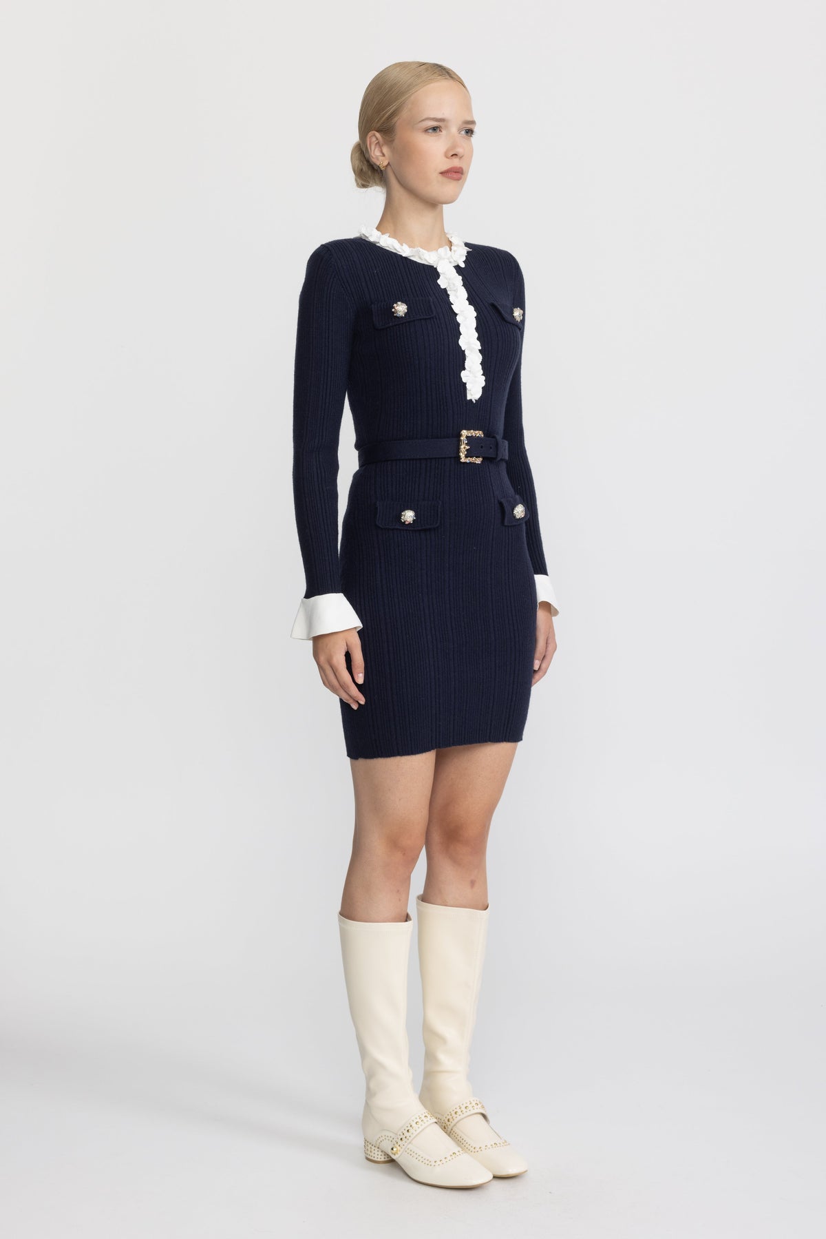 Pernelle Navy Floral Ruffle Rib Knit Belted Mini Dress