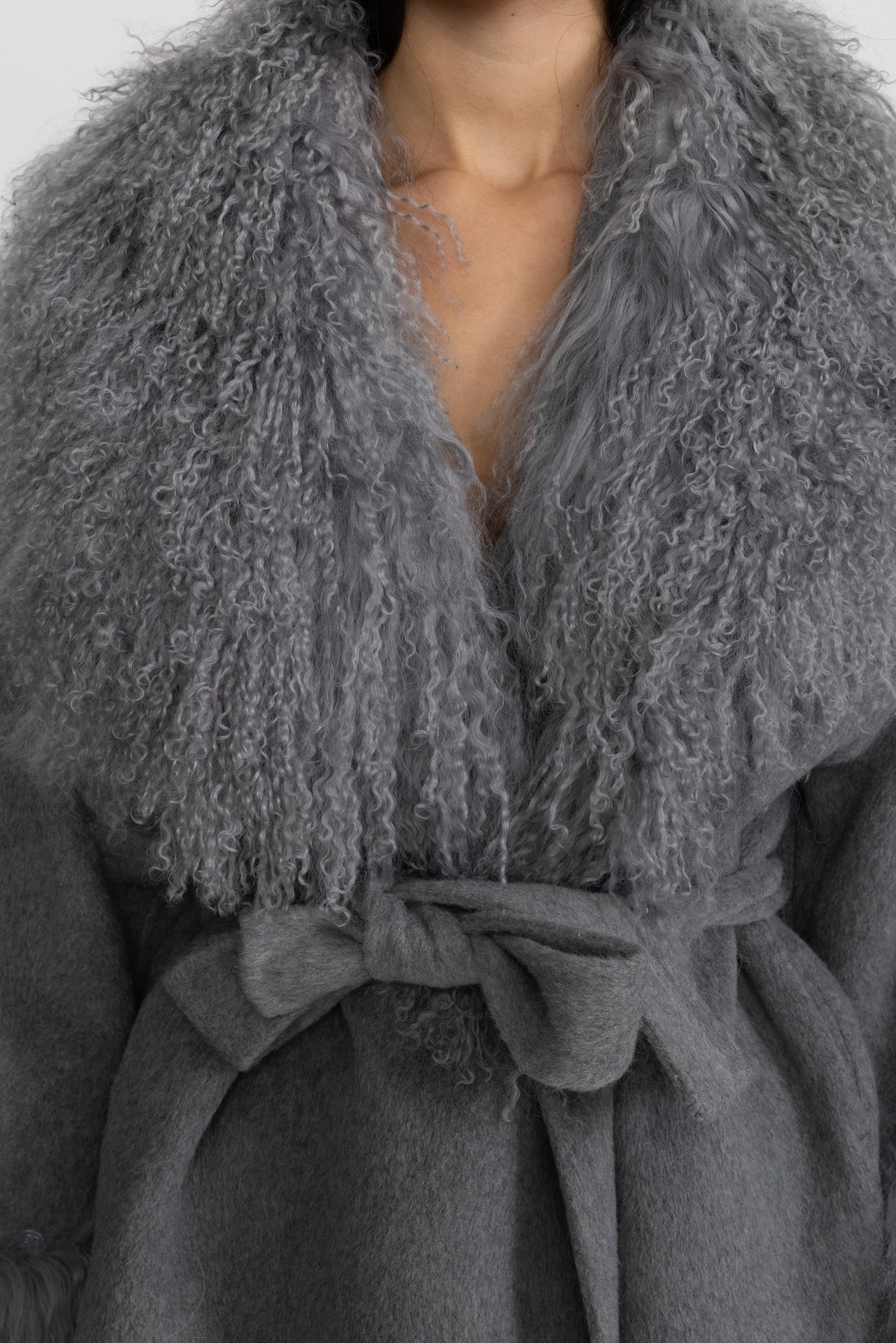 Odette Grey Belted Wool Jacket With Curly Fur-Effect Collar And Cuffs
