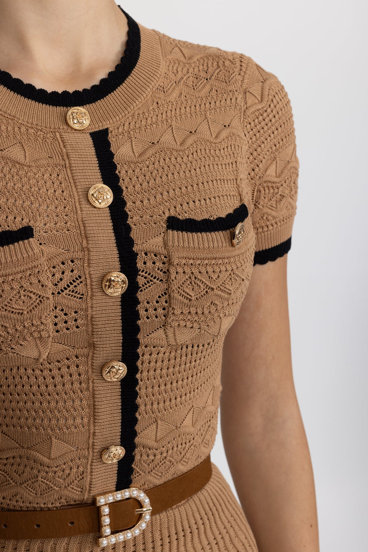 Tiffaine Camel Pointelle Knit Belted Mini Dress with Contrast Trim