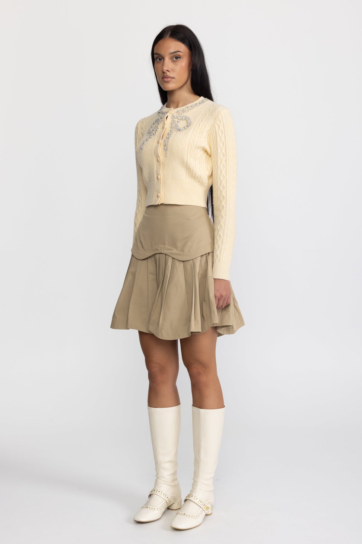 Pearl Bow Embellished Cable Knit Cardigan - Yellow